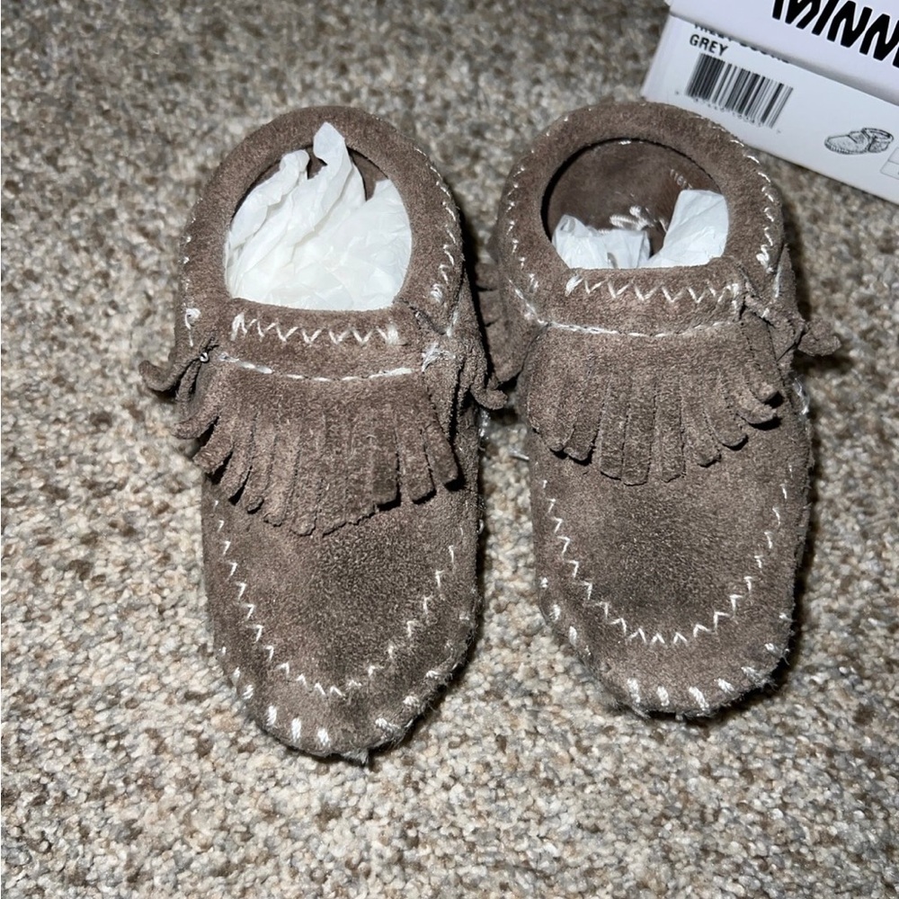 Infant Minnetonka Brown Moccasins with Cozy Cuff and Decorative Stitching
